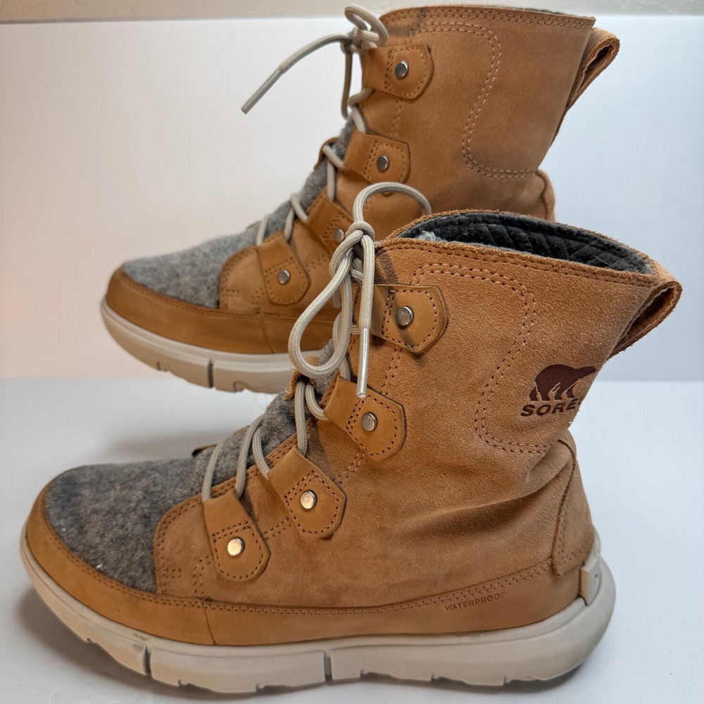 Sorel Explorer II Joan Waterproof Boots Camel Brown Grey Felt Womens 8.5